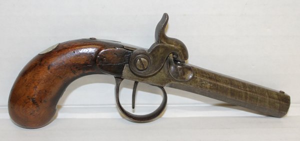19th c. Belgian percussion cap pistol.: 19th century Belgian made. Various marks including "ELG" on barrel. Mechanically functional. 8"l. This firearm is defined as "Antique" by the BATF.