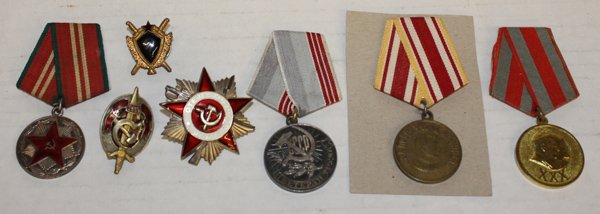7 Medals: Soviet Russian military medals, badges.: USSR MVD Badge Ministry of Internal Affairs collar badge. Medal for Irreproachable Service (20 years) 1st class w/ 2nd class ribbon. Distinguisged NKVD employee badge type Z Bronze 1942-1945, #5438. O