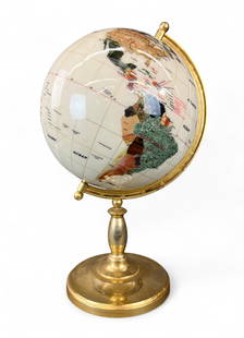 Globe with semi-precious stone inlay.: A globe with semi-precious stone inlay, raised on a gilt-metal stand. Late 20th century. 24" x 13". Provenance: From the Estate of U.S.A.F. Lt. General James R. Brown (1930-2015).