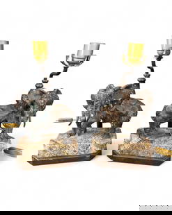 Bronze Elephant Lamps, Lt. Gen. James R. Brown: A pair of bronze elephant figures mounted on granite bases, each with electrical fittings and accompanied by black lamp shades. Base: 13 3/4" x 71/2". Condition: Verdigris, wear. Provenance: From the