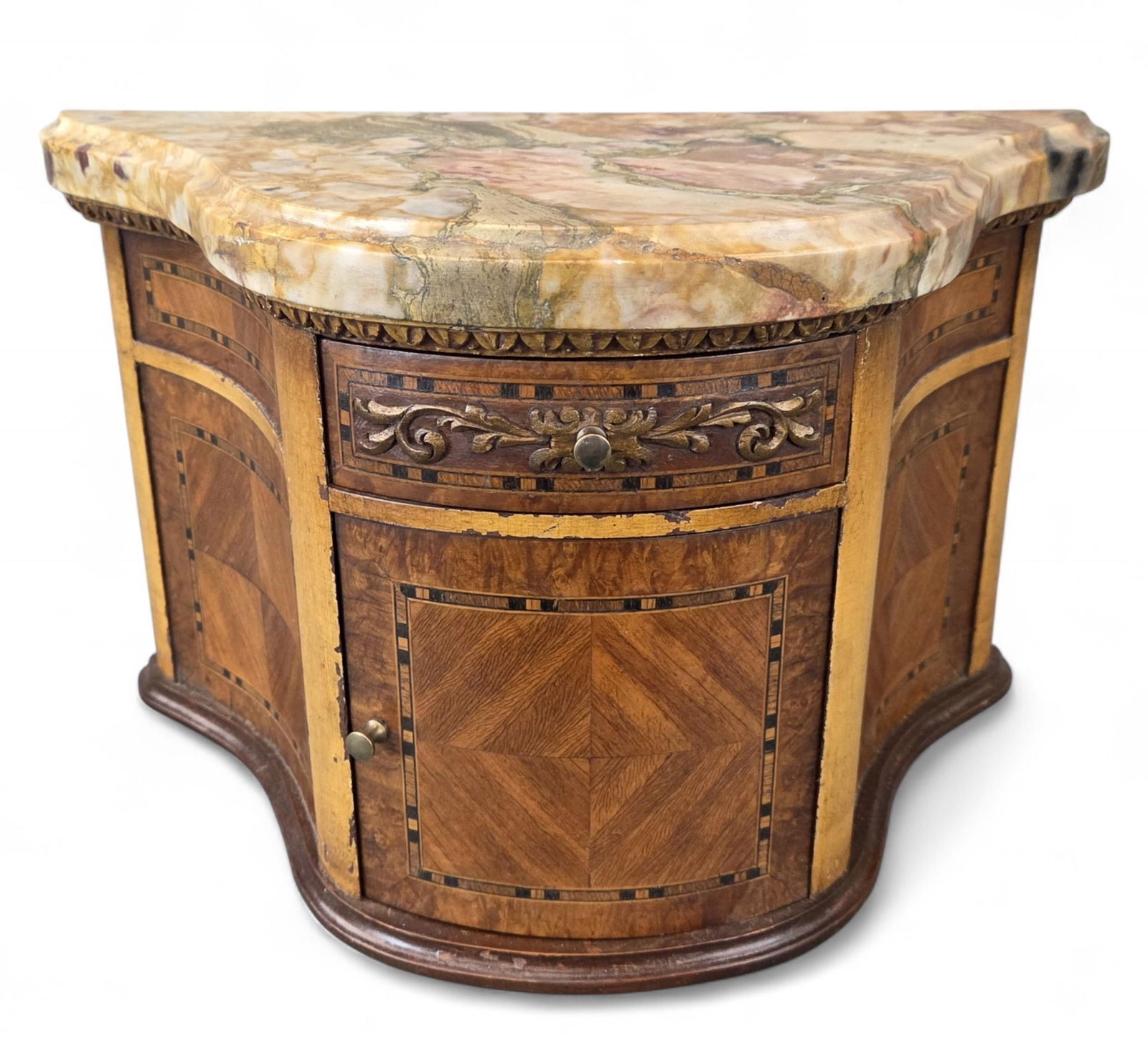 Marble topped desk organizer.: A marble-top cabinet with floral-carved drawer and single door, decorated with geometric and banded inlay. 9 1/4" x 15 1/4" x 8". Provenance: From the Estate of U.S.A.F. Lt. General James R. Brown (19