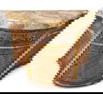 Marble topped desk organizer.: A marble-top cabinet with floral-carved drawer and single door, decorated with geometric and banded inlay. 9 1/4" x 15 1/4" x 8". Provenance: From the Estate of U.S.A.F. Lt. General James R. Brown