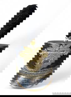 West Point Military Academy shako hat.: A West Point Cadet Shako, late 19th century, leather body with brass chain link band and eagle over shield insignia reading Duty, Honor, Country, West Point, USMA MDCCCII, with side cadet buttons and