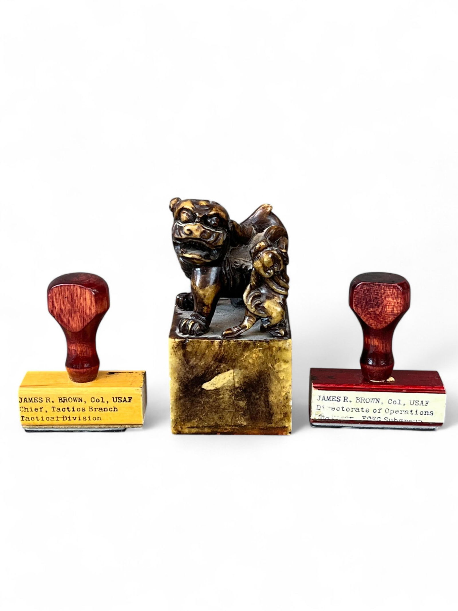 Stone seal and 2 stamps.: A stone seal and two stamps from Lt. General Brown. ++ Foo dog seal with initials JRB and Chinese characters. 4" x 2". ++ Office stamp with James R Brown as Chief of Tactics Branch. Office stamp with