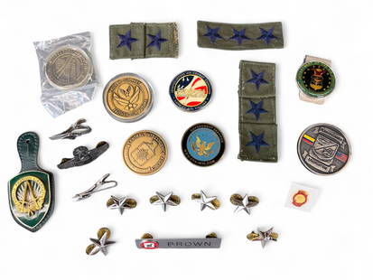 Lt. Gen. Brown medallions and pins.: A group of military insignia, medals, and commemorative coins from Lt. Gen. James R. Brown, USAF. Includes General?s stars, nameplate, aviation insignia, CIA and Department of Defense coins, Air