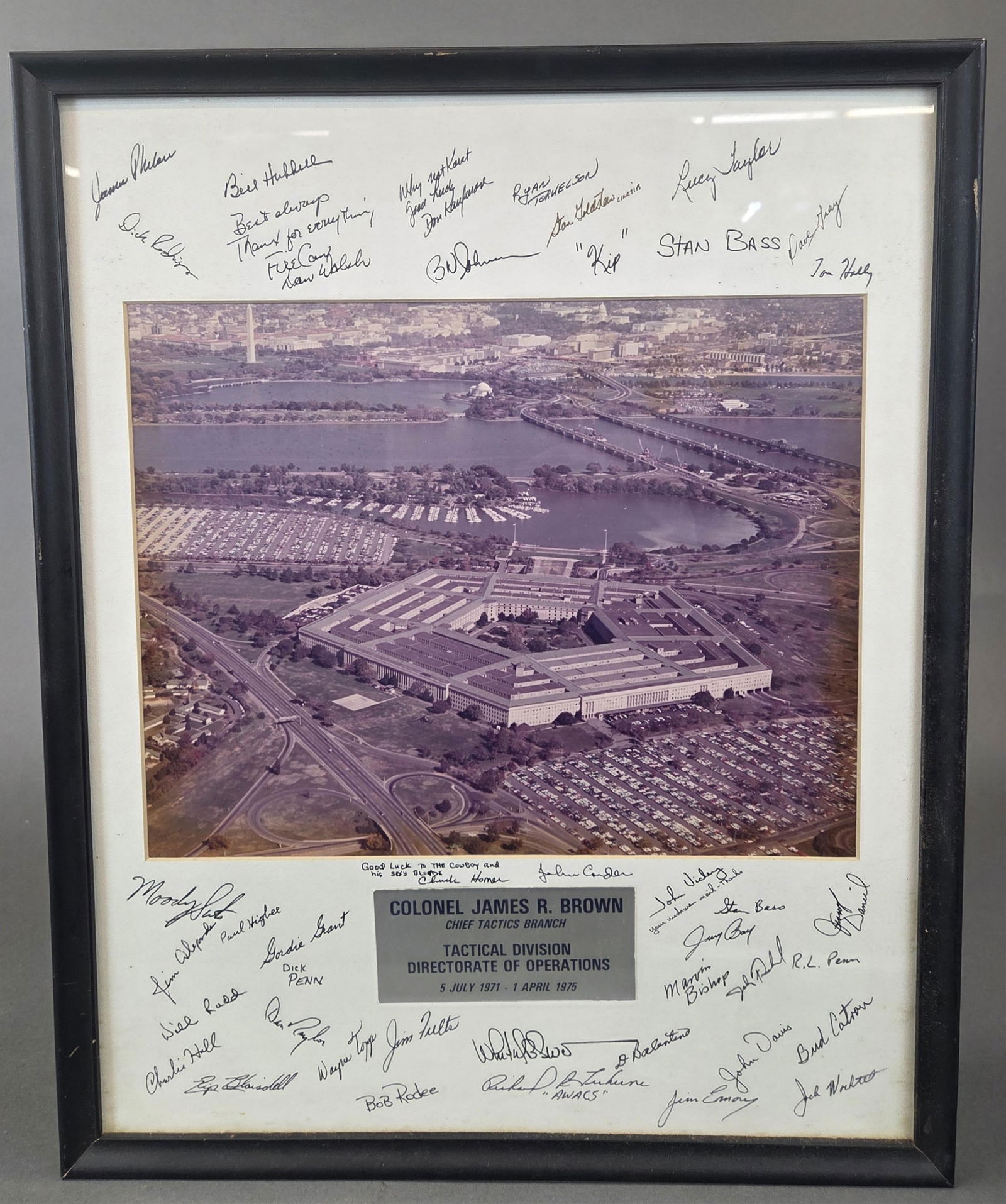 Gen. Brown 1975 Chief Tactics Branch signed photo.: Lt. Gen. James R. Brown, USAF 1975 Chief Tactics Branch signed photograph. 21 1/4" x 17 1/4". Provenance: From the Estate of U.S.A.F. Lt. General James R. Brown (1930-2015).