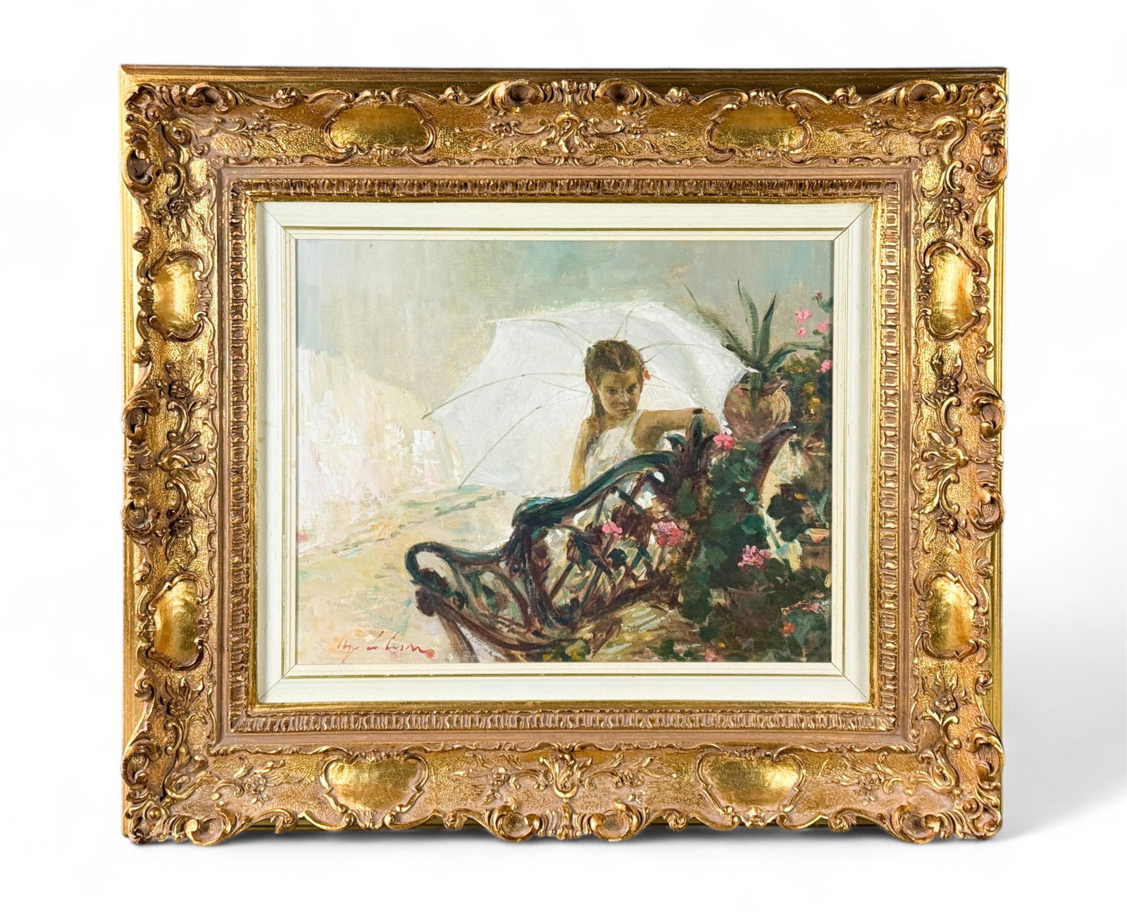 Ugo de Cesare, Girl in the Garden, O/C.: de Cesare, Ugo (Italian, b. 1950). Girl in the garden. Oil on canvas. Signed l.l. Sight: 15" x 19". Frame: 27 3/4" x 31 1/2". Provenance: From the Estate of U.S.A.F. Lt. General James R. Brown (1930-2