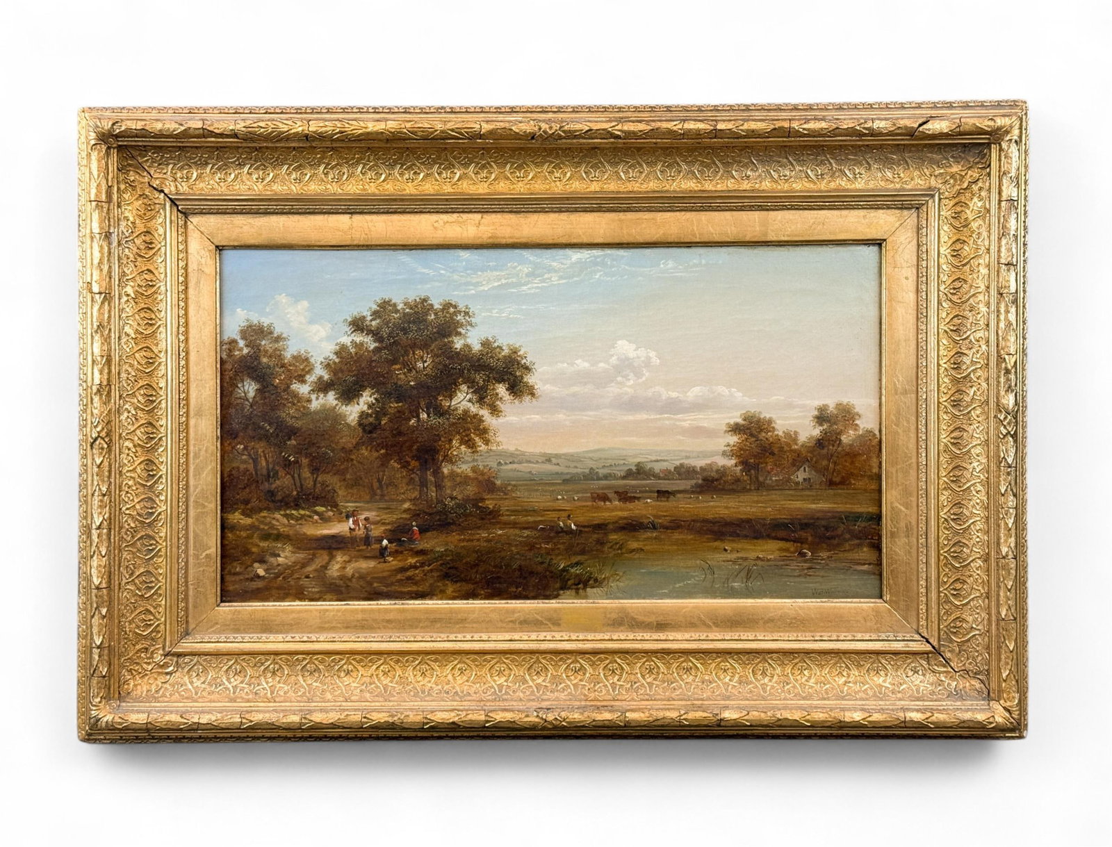 W.B. Williams, Pastoral landscape, O/C.: W.B. Williams. Pastoral landscape. Late 19th century. Oil on canvas. Signed l.r. Sight: 11 1/2" x 21 1/2". Frame: 20 1/2" x 30 3/4". Provenance: From the Estate of U.S.A.F. Lt. General James R. Brown 