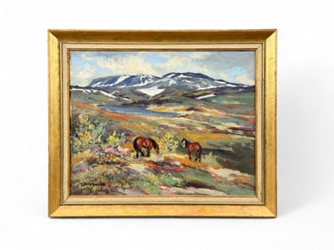 Mountain landscape with horses, O/C.