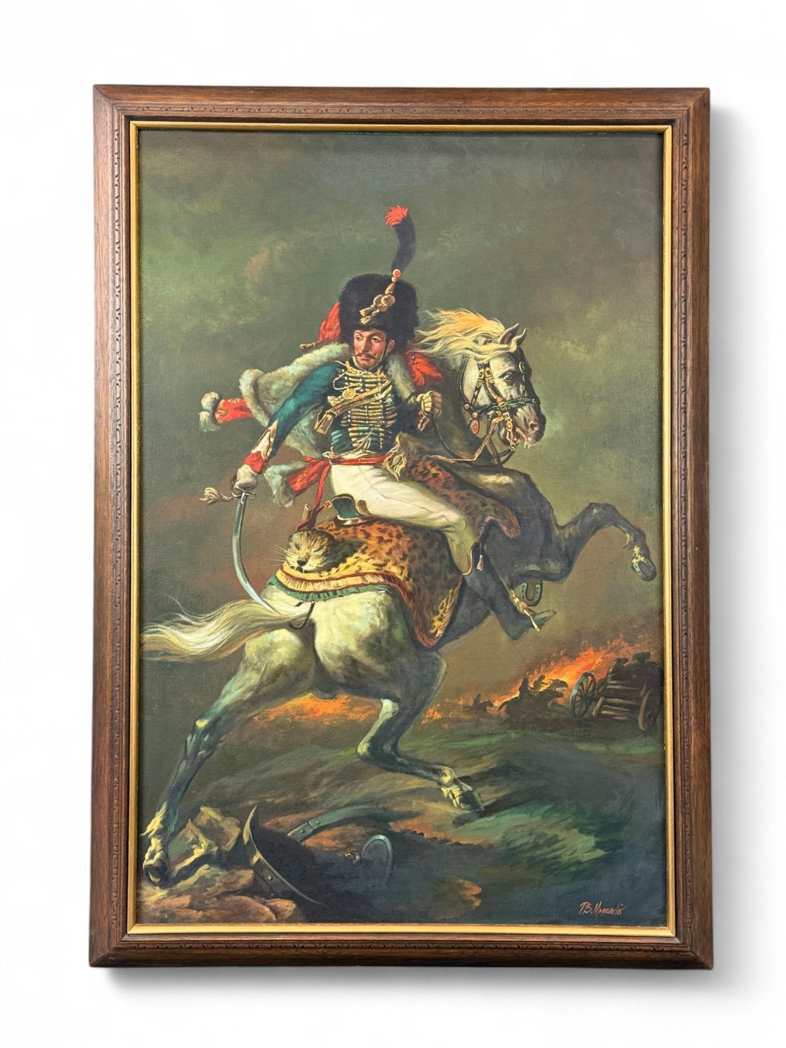 Mercado, Napoleon, 1976, O/C.: B. Mercado. Napoleon on his horse. Oil on canvas. 1976. Signed l.r. Dated on verso. Sight: 35 1/2" x 23 1/2". Frame: 40" x 28". Provenance: From the Estate of U.S.A.F. Lt. General James R. Brown (1930