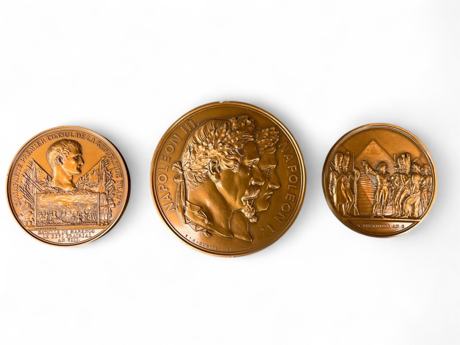 3 French Empire bronze medallions.: A group of three French Empire bronze medallions. ++ E. A. Oudine 1953 Napoleon III Coronation bronze medallion. 76mm. ++ J.J. Dubois Napoleon I Egyptian Campaign medallion. 67mm. ++ F. Andrieu Battle