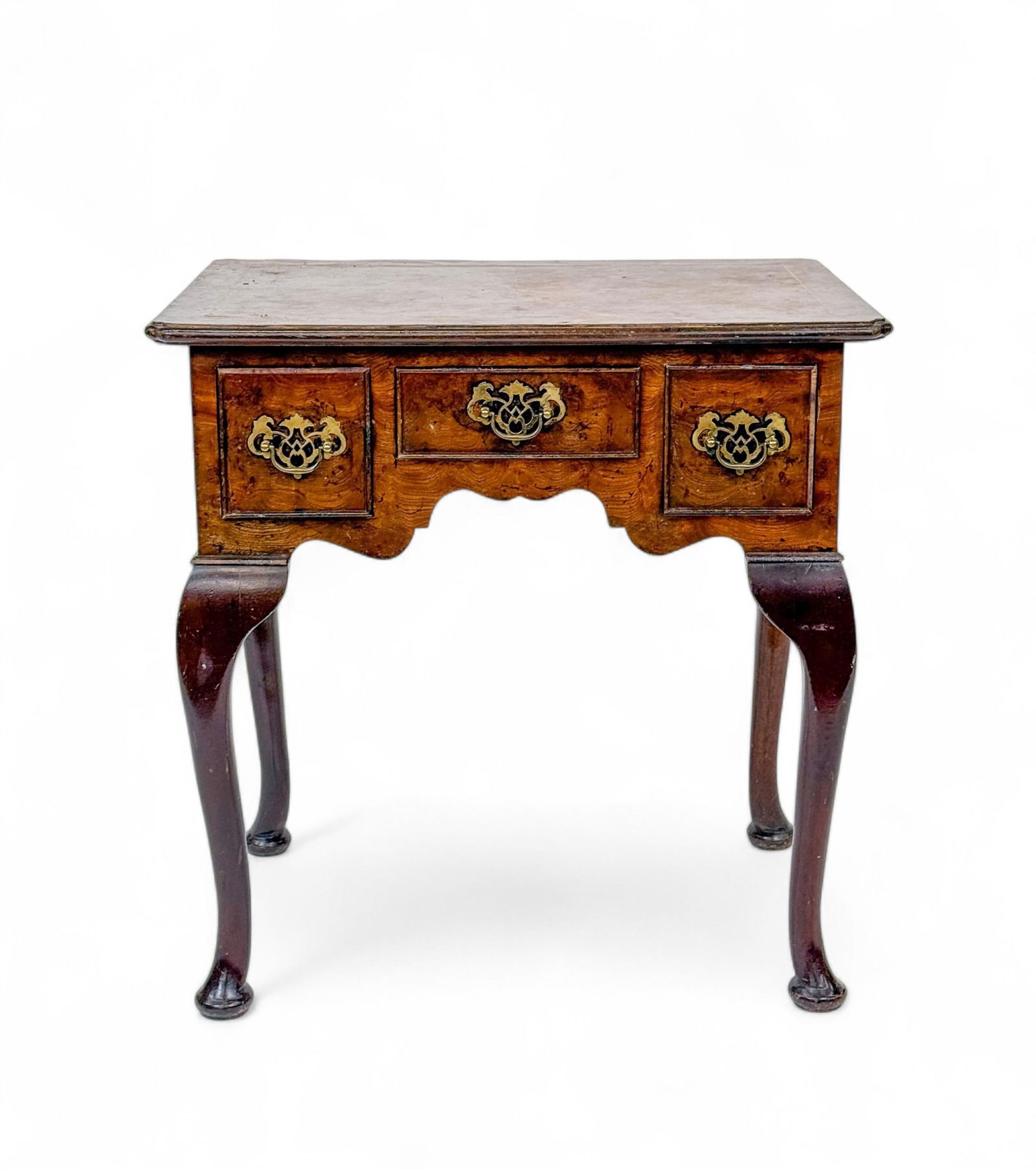 Queen Anne burl walnut low boy.: A Queen Anne burl walnut three drawer low boy dressing table. Pine secondary. Early 19th century. 27" x 27". Provenance: From the Estate of Lt. Gen. James R. Brown, U.S. Air Force.