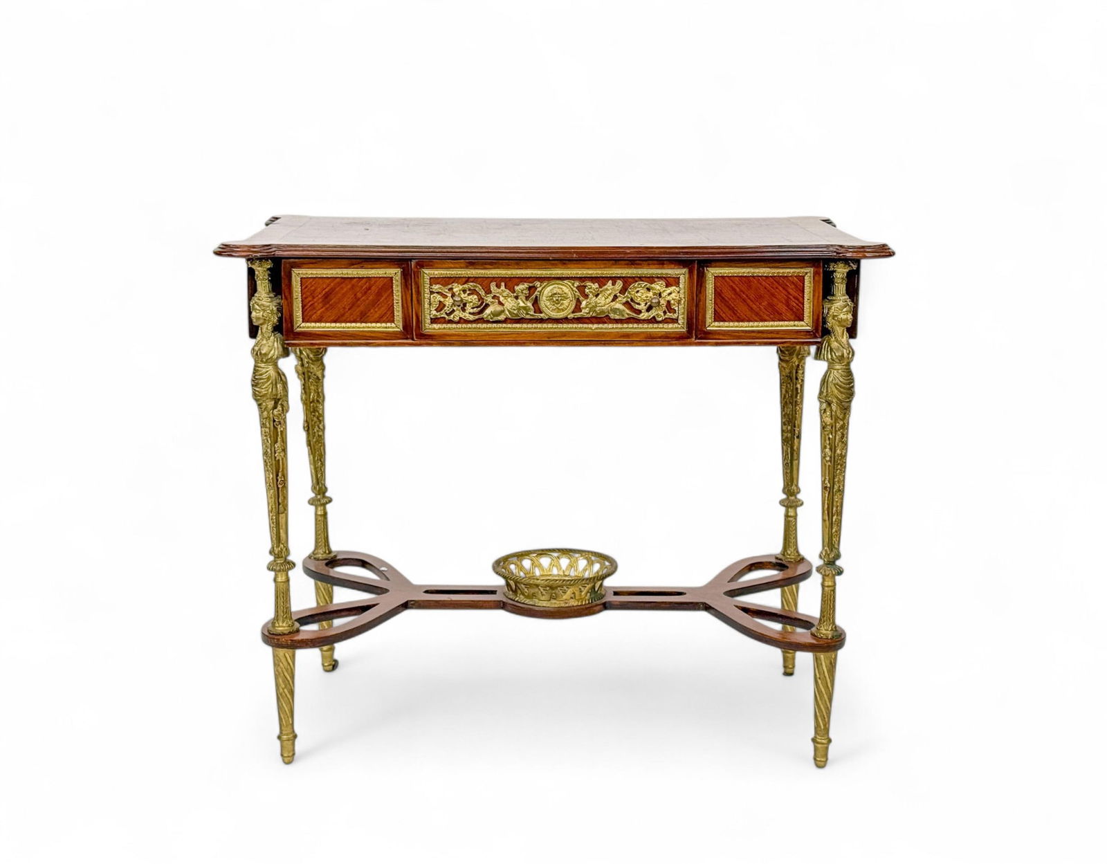 Louis XVI style center table.: A Louis XVI style center table. 20th Century. Parquetry top and ormulu mounted. One drawer. 28" x 34" x 19 3/4". Provenance: From the Estate of U.S.A.F. Lt. General James R. Brown (1930-2015).