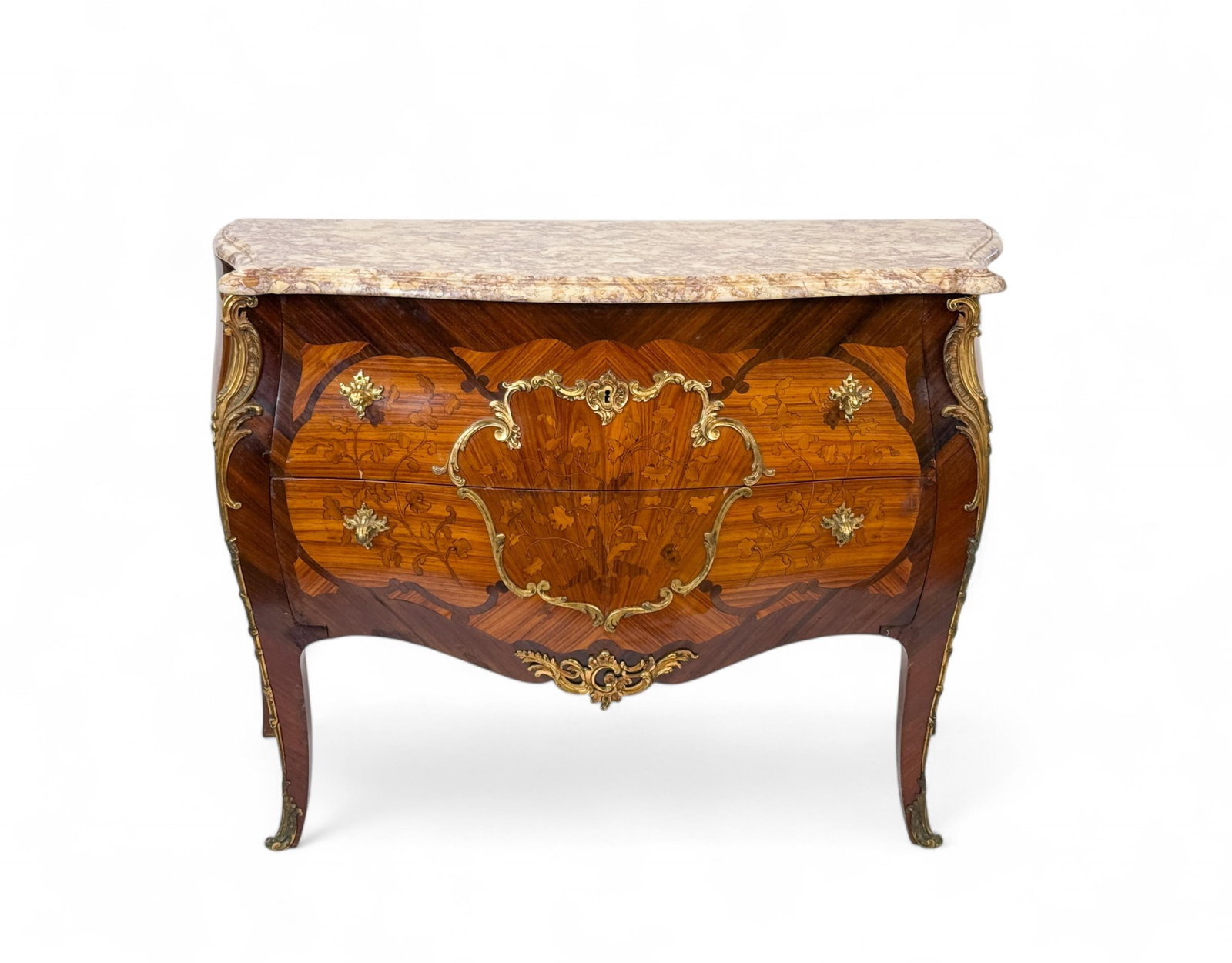 Louis XV style bombe chest of drawers.: A Louis XV style bombe chest of drawers. Inlaid with flowers and ormolu. Parquetry and marquetry floral inlay. Two drawers. Brand mark on upper "CHARDONNAY" around a Fleur de Lis. 34" x 21" x 47 1/4".