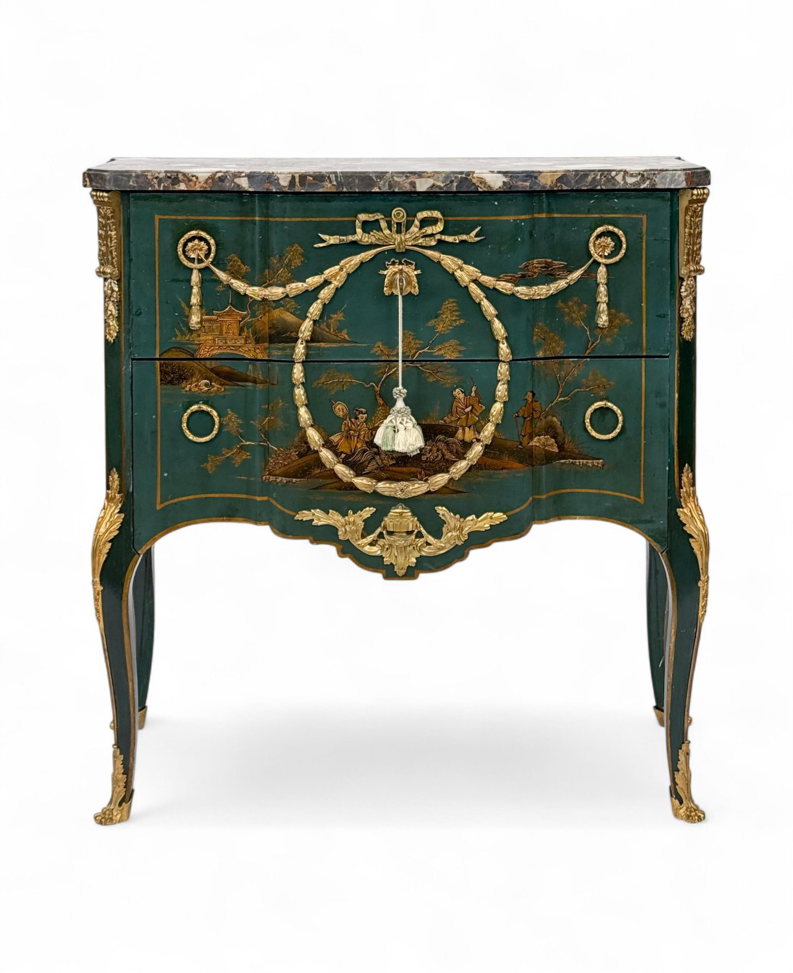 Louis XV style chinoiserie chest.: A Louis XV style chinoiserie chest with marble top. Late 19th century. Oak secondary. Green painted with applied gilt and ormolu mounts. 34 1/2" x 34 3/4" x 17".