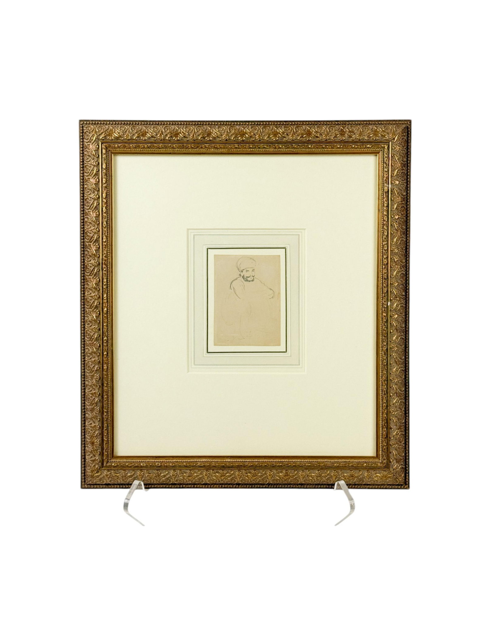 Attr. Landseer, Sketch of Man in Turban, c. 1840.: Landseer RA, Sir Edwin Henry (English, 1802-1873). Sketch of Man in Turban. Circa 1840. Sheet: 2 1/2" x 3 1/2". Framed and matted. Frame: 12 3/4" 14 1/8". Condition: Sight very good.