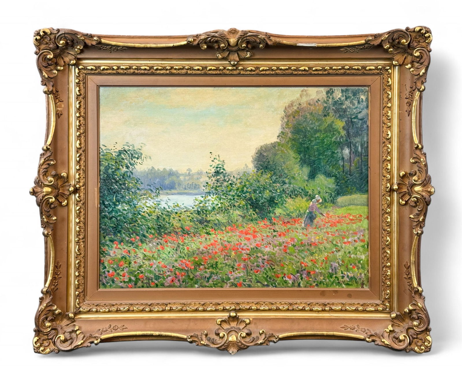 Leon Giran-Max, Field of flowers, O/C.: Giran-Max, Leon (French, 1867-1927). Woman in a field of flowers. Oil on canvas. Signed l.r. Sight: 18 1/2" x 25". Frame: 29" x 36".