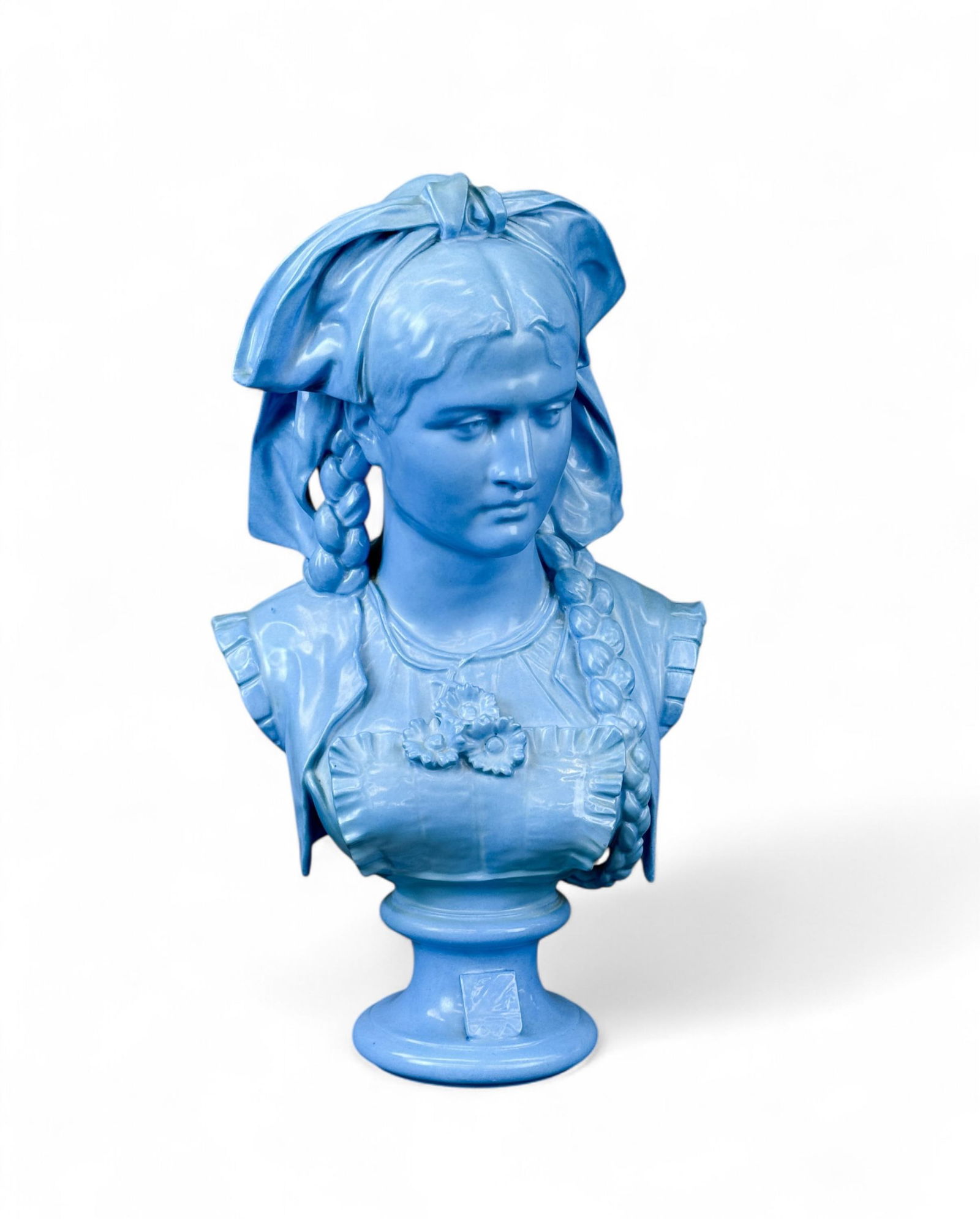 After P. Duboy HA & Cie blue celeste bust.: An after Paul Duboy (French, 1830-1886) Henri Ardant and Cie, Limoges blue celeste porcelain bust of young woman. Embossed on reverse " PAUL DUBOY/ 1873." Raised cartouche on bottom "HA & CIE." 19 1/2