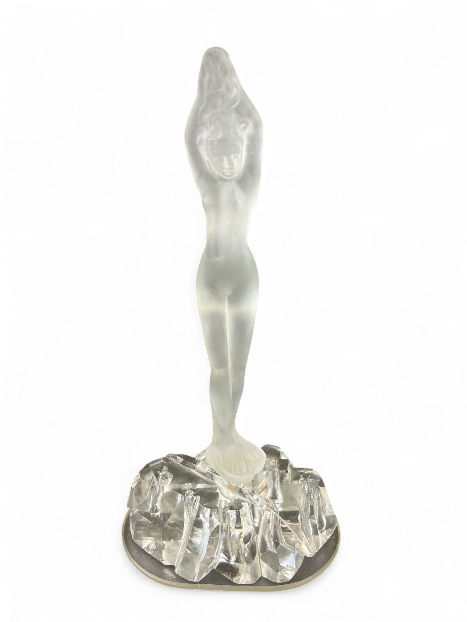 Steuben "Diving Girl" flower frog, c. 1920s.: A Steuben "Diving Girl" glass figural flower frog designed by Frederick Carder. Circa 1920s. Not marked. 14 1/2" x 7 1/8". Condition: Abrasions, gouges. Provenance: From the collection of Aron Glasman