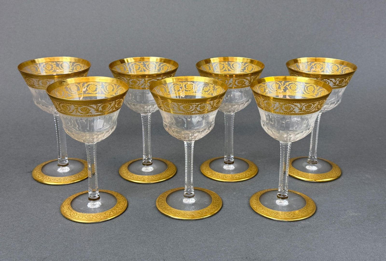 7 St. Louis "Thistle" liquor glasses.: A group of seven St. Louis "Thistle" liquor glasses. Acid marked on base. 5" x 2 5/8".