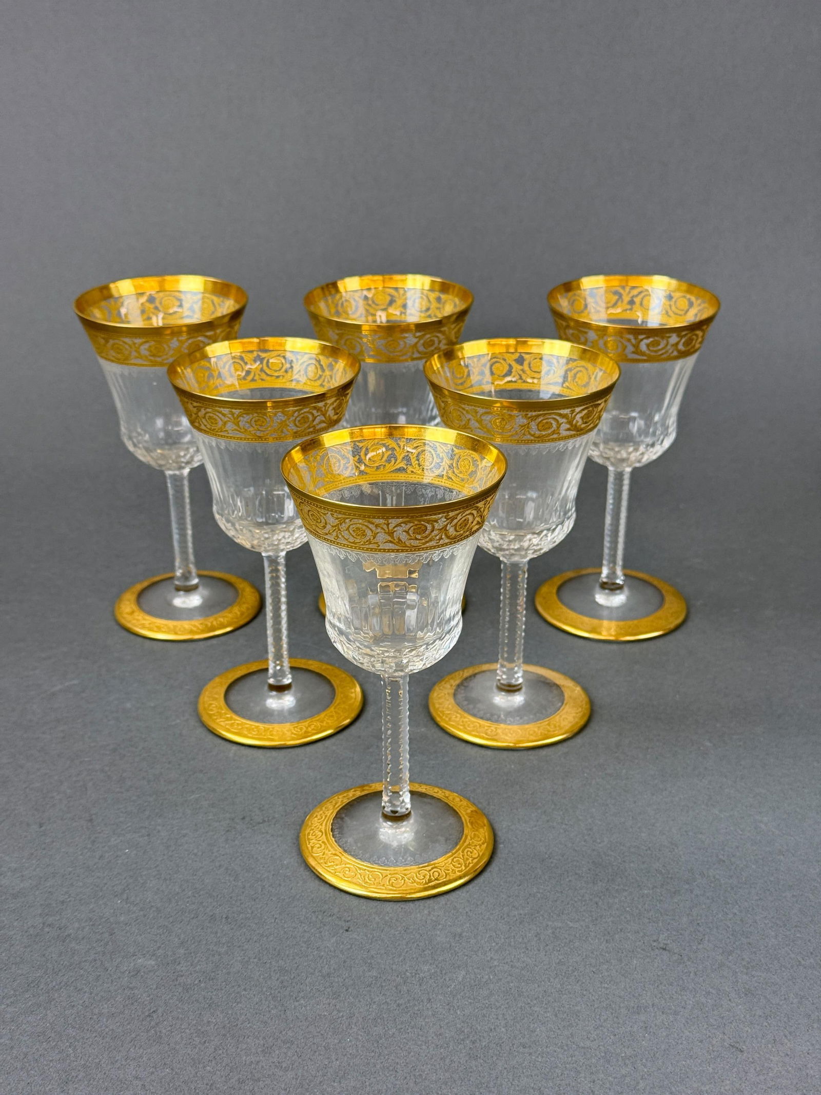 6 St. Louis "Thistle" claret wine glasses.: A group of six St. Louis "Thistle" claret. Solid band feet. Acid marked on base. 5 5/8" x 2 5/8".