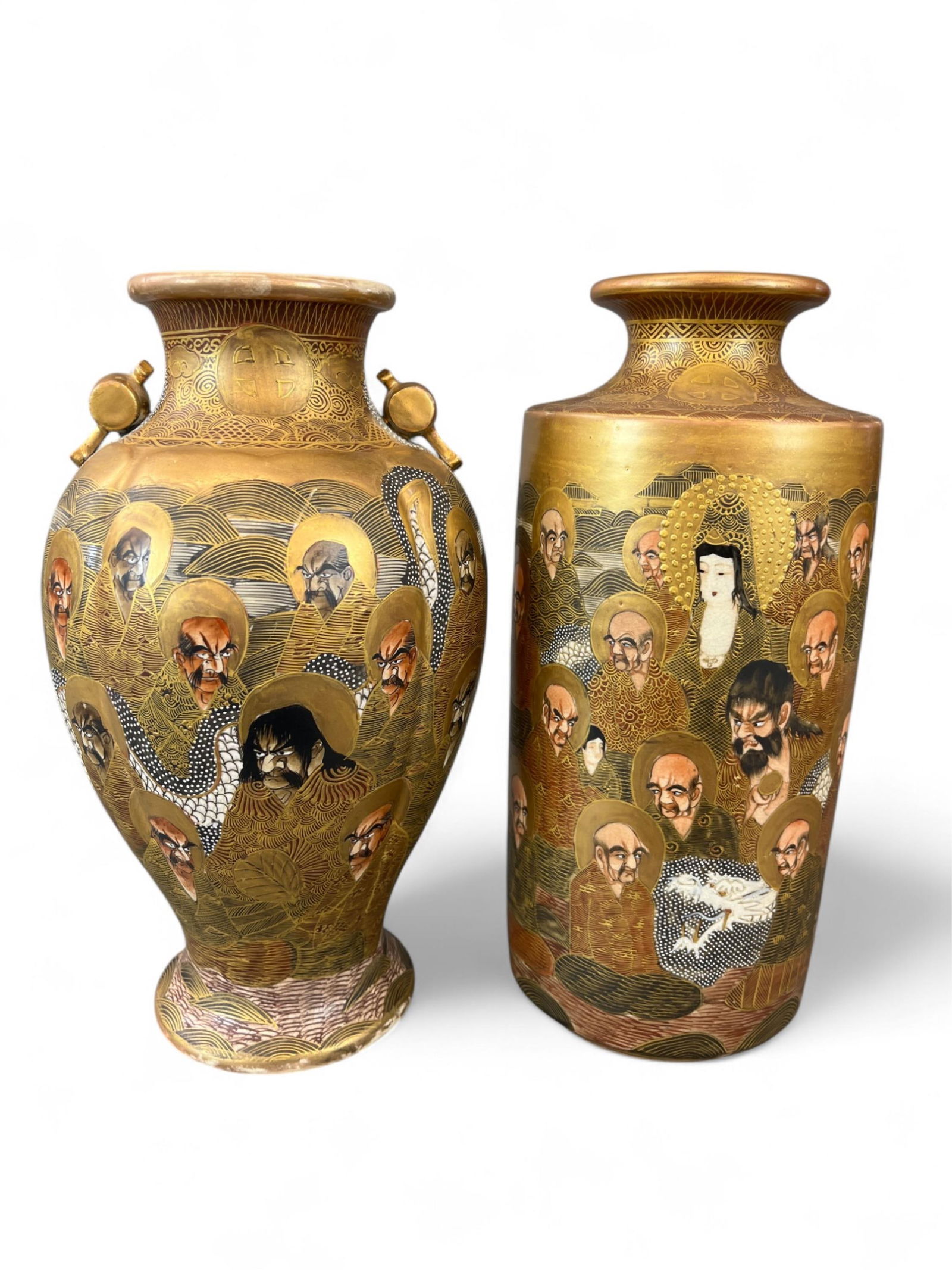 2 Japanese Satsuma vases.: A group of two Japanese Satsuma vases. Marked on bottom. Smallest: 11 3/4" x 7". Largest: 12" x 6". Condition: Crazing, abrasions, light pitting, and pigment loss.