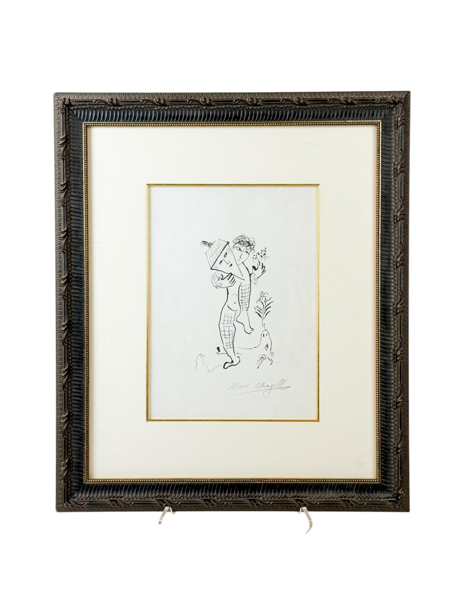 Chagall, Back Cover of "Derriere Le Mirior", 1979.: Chagall, Marc. (Russian/French. 1887-1985.) Back Cover of "Derriere Le Mirior." 1979. Lithograph. Published by Maeght, Paris. Signed l.r. in pencil. Sight: 9 3/4" x 13 1/2". Frame: 20 1/4" x 25". Cond