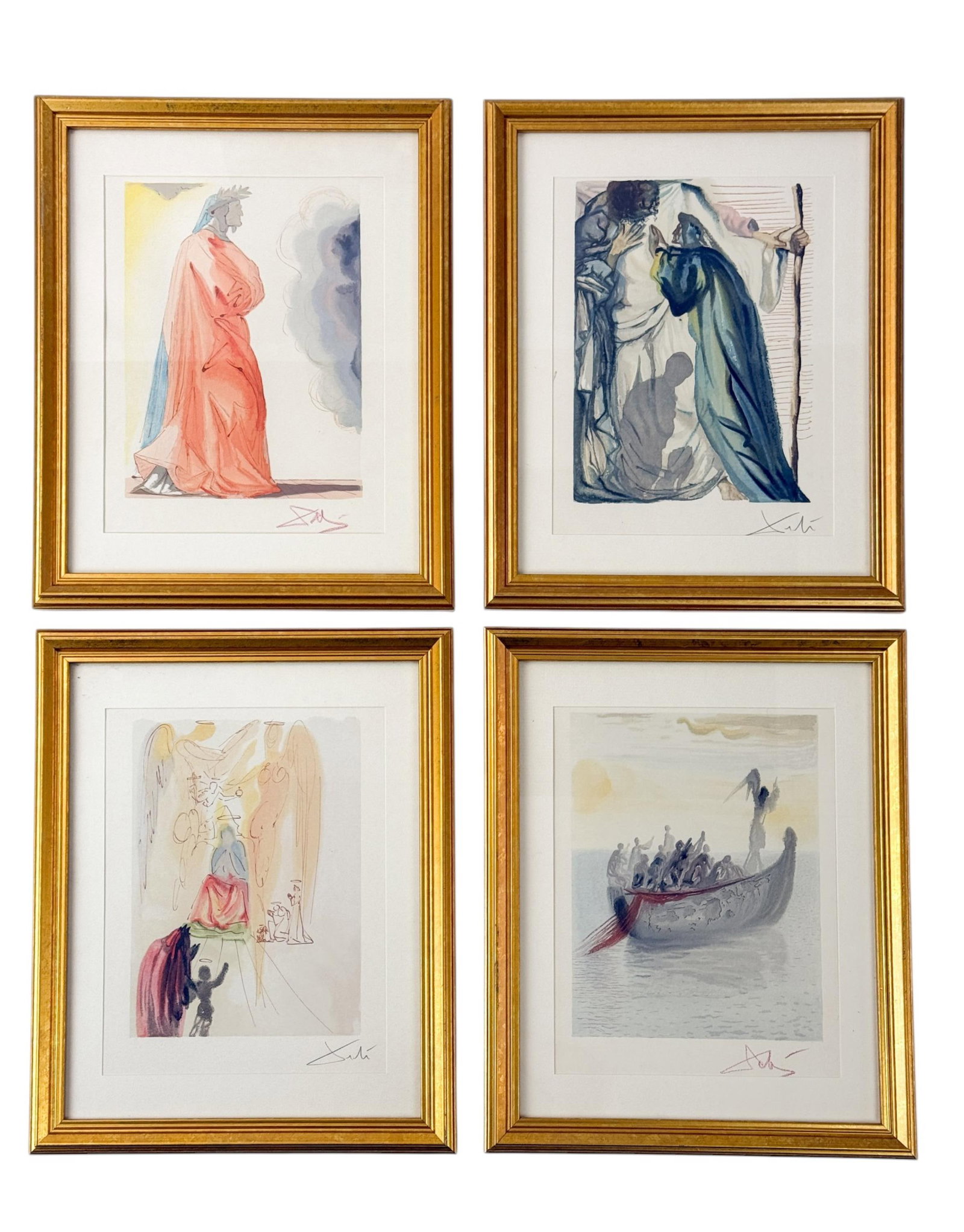 4 Dali Woodblock Prints from Divine Comedy.: Dali, Salvador (Spanish, 1904-1989). A group of four woodcuts from Dali's The Divine Comedy, 1963. All printed on B.F.K. Rives paper. ++ "L'Angelo Nocchiero." Also known as "The Ship of Souls." Purgat