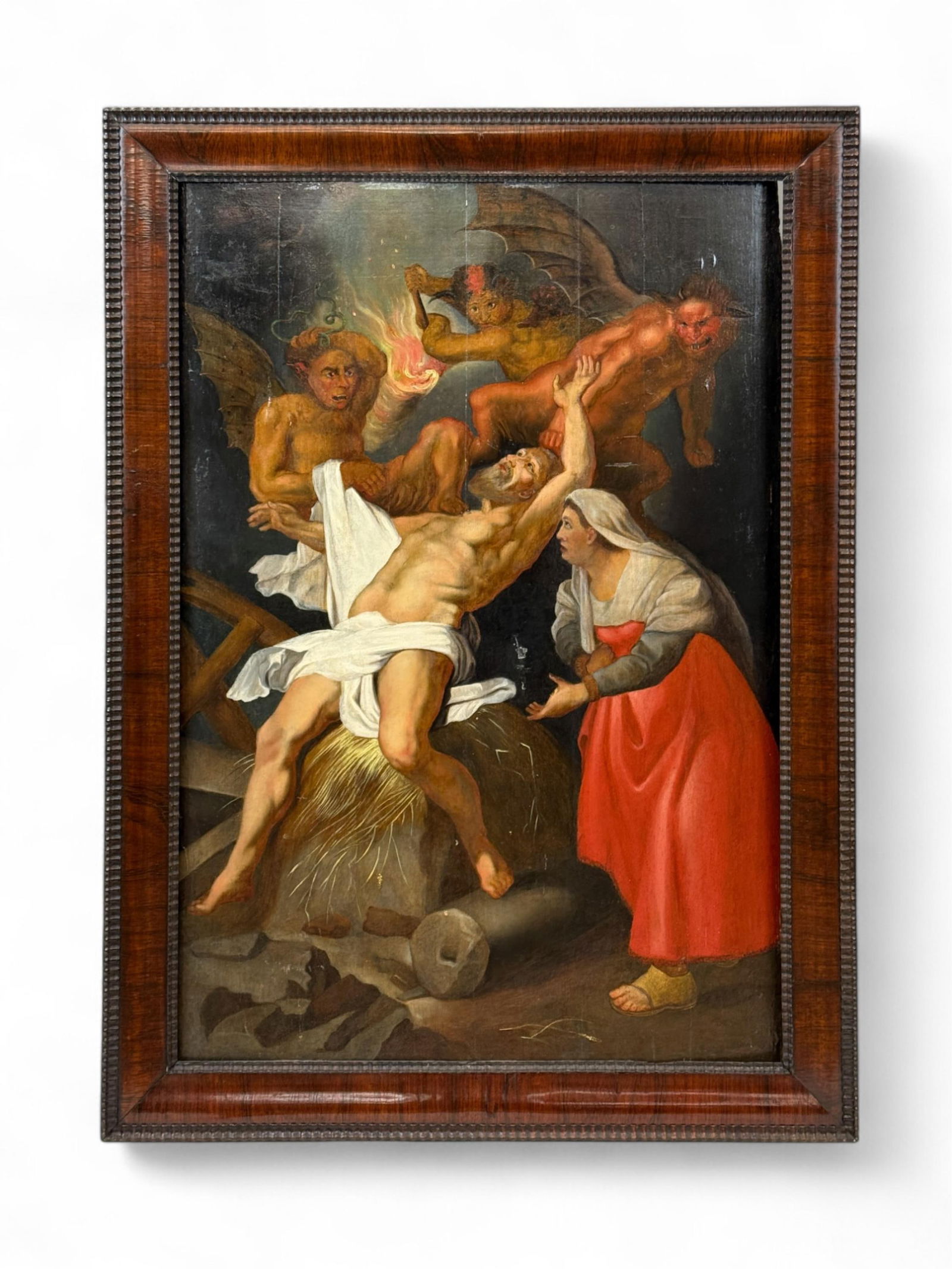 "Job Tormented by Demons & Abused by His Wife" O/B: A copy of Lucas Vorsterman's (Flemish, 1595-1675) engraving of Peter Paul Rubens' (Flemish, 1577-1640) painting, "Job Tormented by Demons and Abused by His Wife." Oil on board. Late 19th century. Sigh