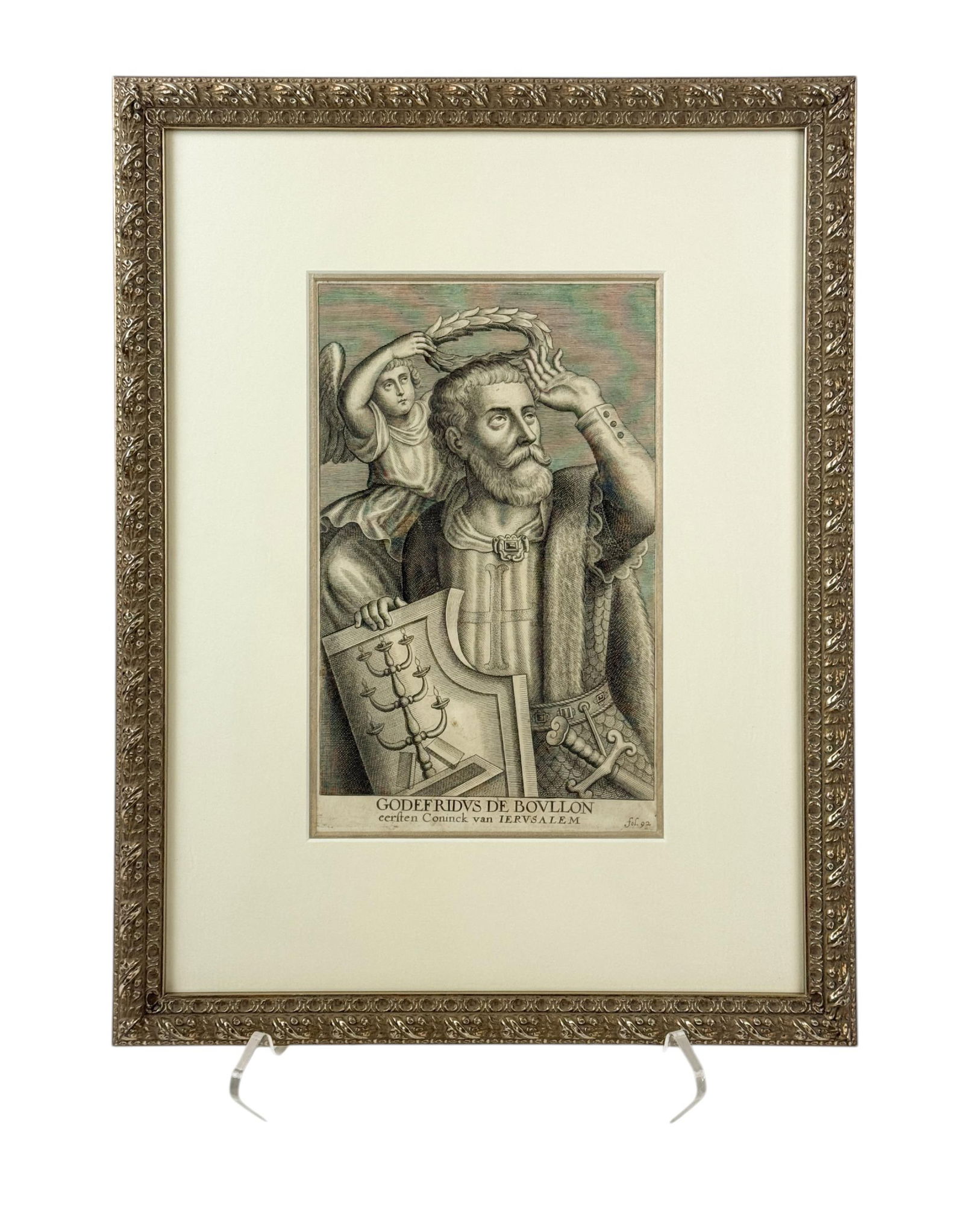 Godfrey Of Bouillon, engraving: An engraving of Godfrey Of Bouillon. Writing on bottom edge of engraving reads, "Godfrey of Bouillon, First King of Jerusalem." Matted and framed. Sight: 6 1/2" x 10 1/2". Frame: 14" x 18 1/8". Condit