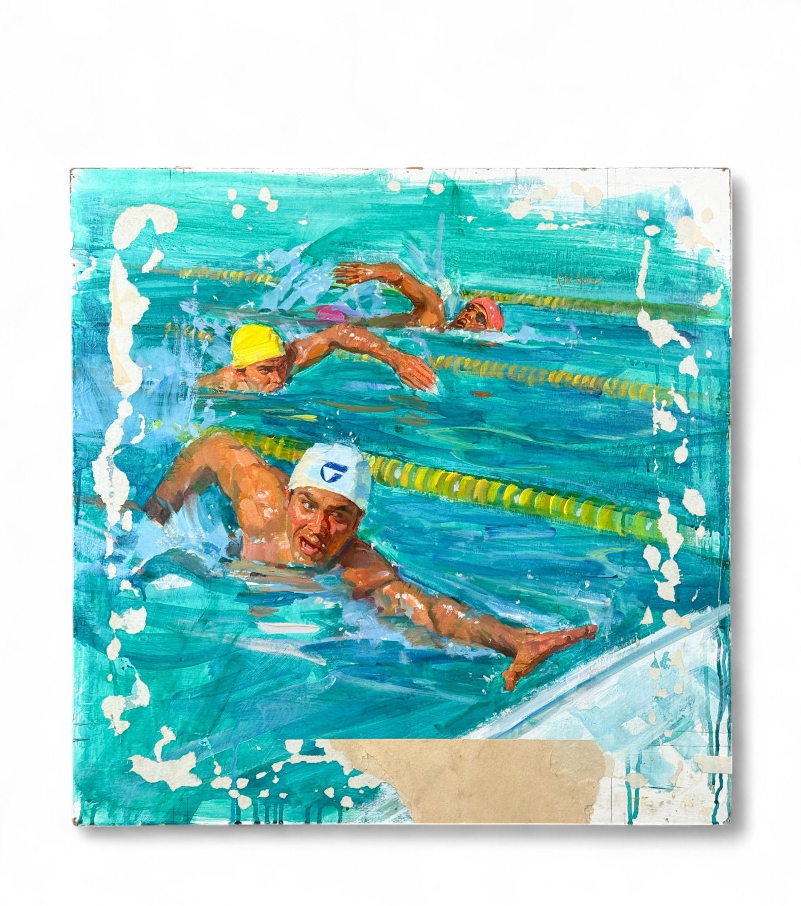 Tony Kokinos, Swimming, Gouache.: Kokinos, Tony (American, b.1928). Swimming. Gouache on board. Circa 1980's. Signed u.r. 29" x 29". Commissioned for an advertising campaign during the 1980 Summer Olympics in Moscow.