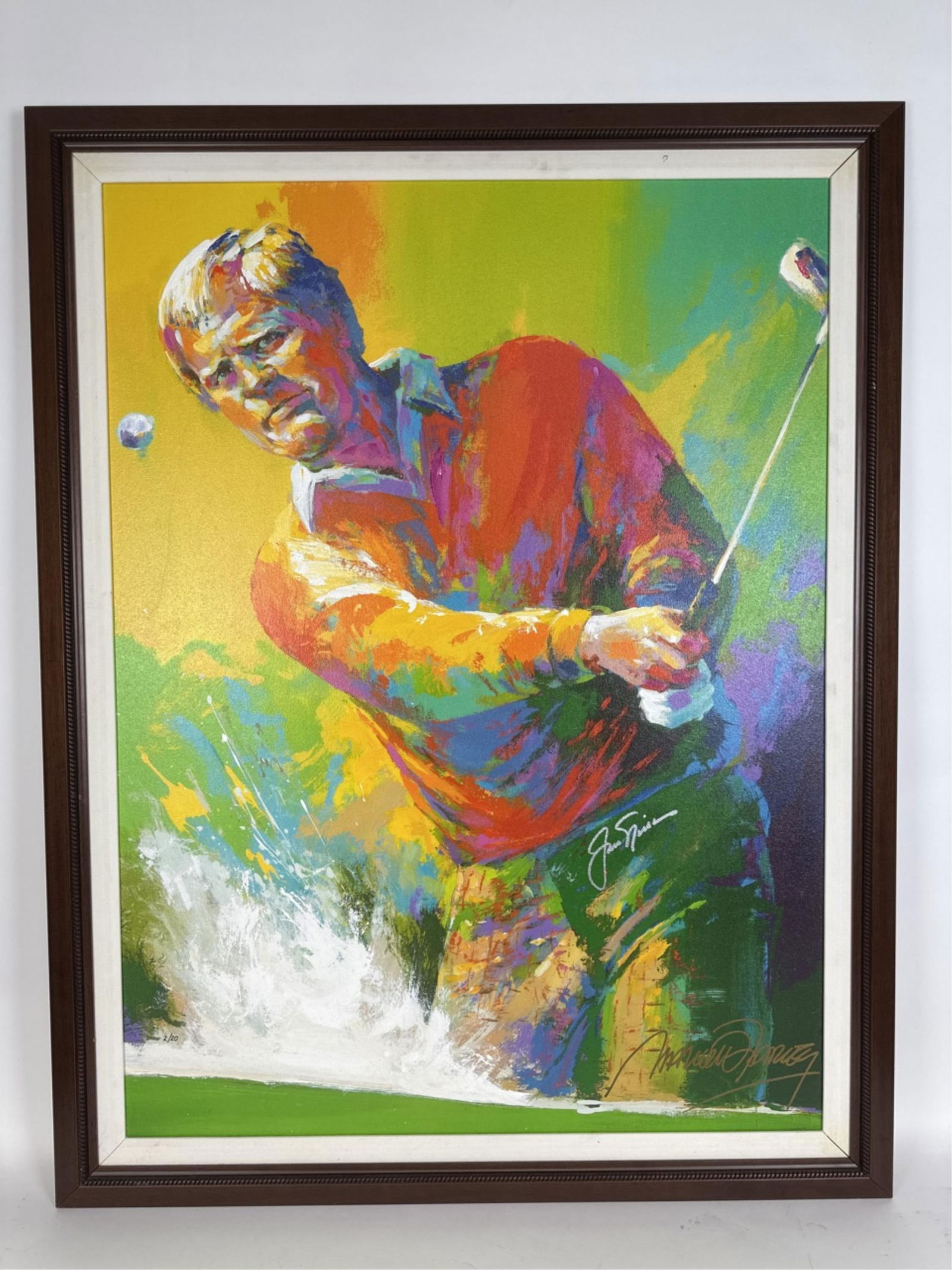 Malcolm Farley, "Jack Nicklaus," O/C.: Farley, Malcolm (American, b. 1957). "Sand Shot." Limited edition of golfer Jack Nicklaus (Ohio, b. 1940). Oil on canvas. Editioned 2/20. Signed by artist and Jack Nicklaus. 35 1/2" x 45 1/2".