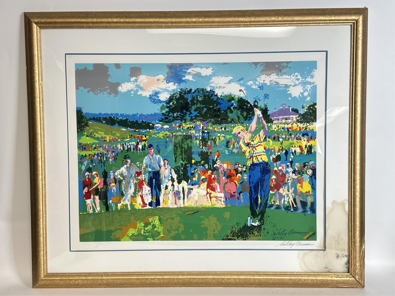 LeRoy Neiman, "April at Augusta," serigraph: Neiman, LeRoy (American/New York, 1921-2012) "April at Augusta." Serigraph. Signed. In gold frame. 42 1/4" x 30 1/2" Condition: Small scratches on frame glass, water damage on bottom right corner
