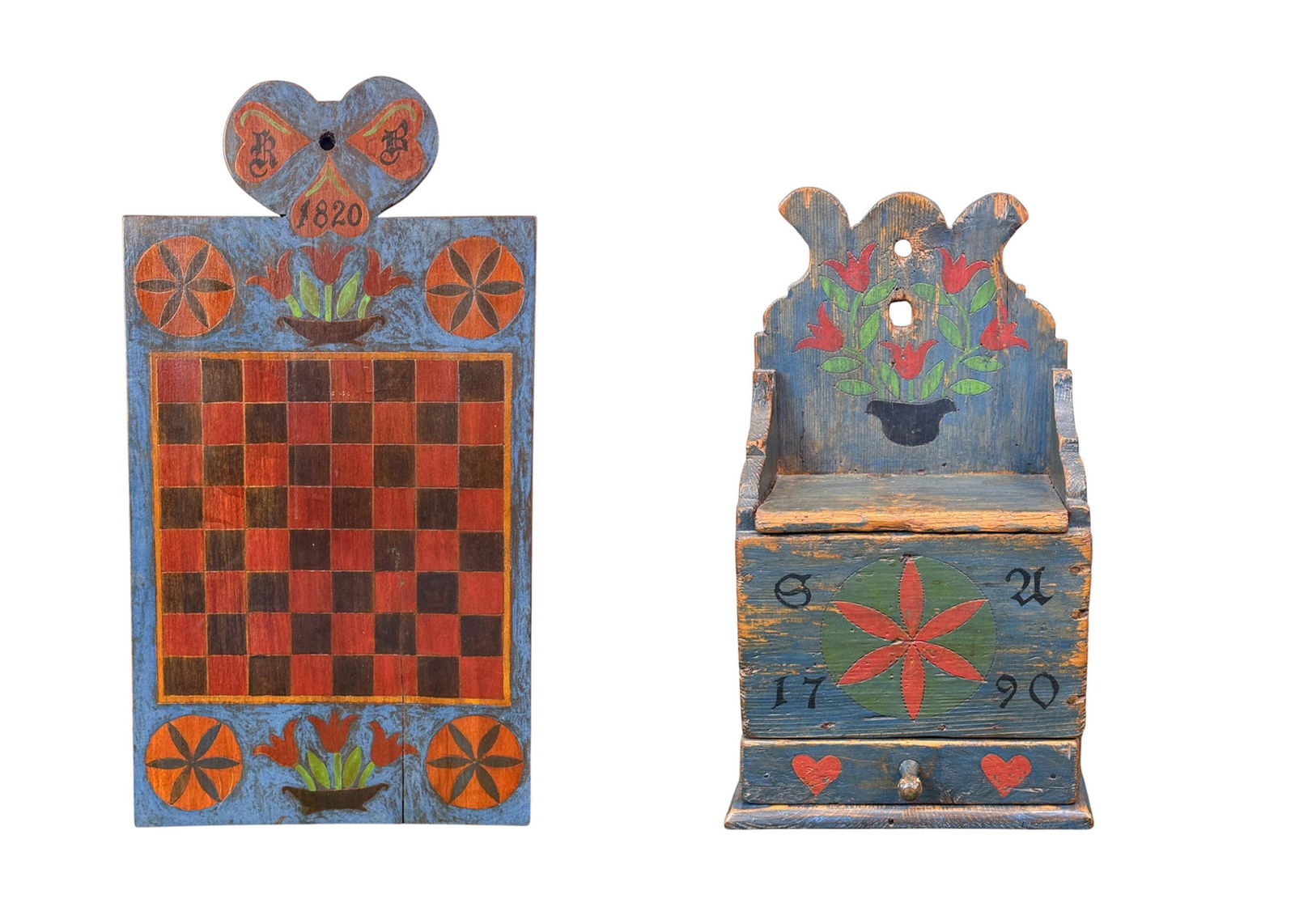 Pennsylvania Dutch spice box and checker's board.: A Pennsylvania Dutch painted pine spice box and checker's board. Spice box: 18 1/4" x 11 1/4" x 6 3/4". Checkerboard: 26 1/4" x 14 1/4" x 3/4".