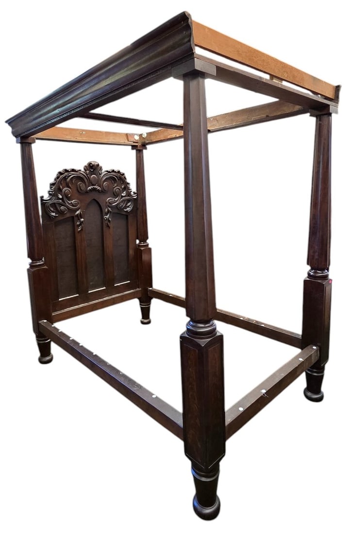 American Empire four poster tester bed.: An American Empire four poster tester bed. Walnut primary and oak secondary. Four fluted columns. Full size. Replacement headboard. 81" x 54" x 86".