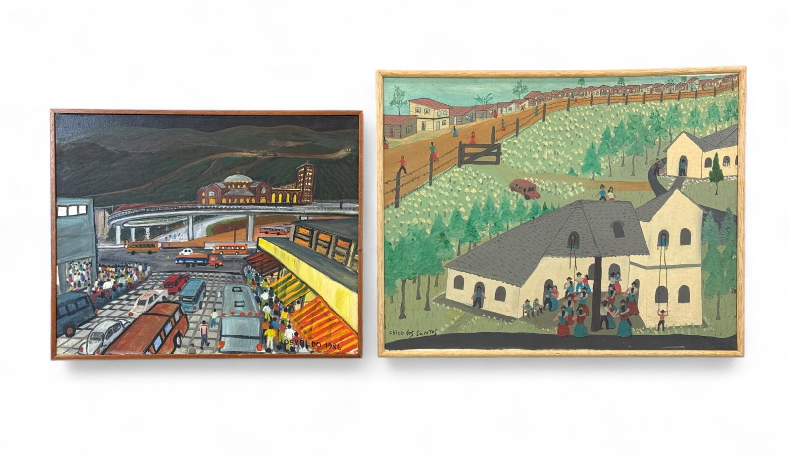 2 Brazilian paintings, A/C.: A group of two Brazilian artworks. Acrylic on canvas. ++ Chico dos Santos. "Un Cantinho para os Pobres." 1979. Signed l.l. Signed, titled, and dated on verso. Sight: 18" x 23". Frame: 19" x 24". ++ Os