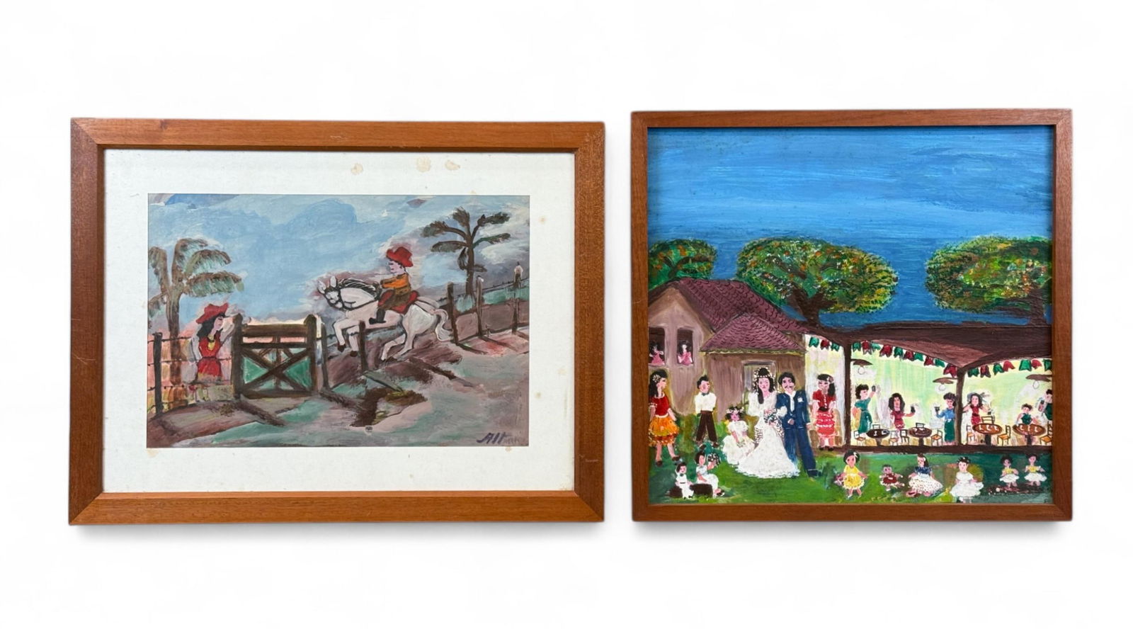 2 Altamira Pereira Borges artworks.: A pair of Altamira Pereira Borges (Brazilian, b. 1932) artworks. Galeria de Arte Paulo Vasconcellos label on verso. ++ "Namoro." Gouache on paper. Signed l.r. Sight: 11" x 16". Frame: 17 1/2" x 23". +