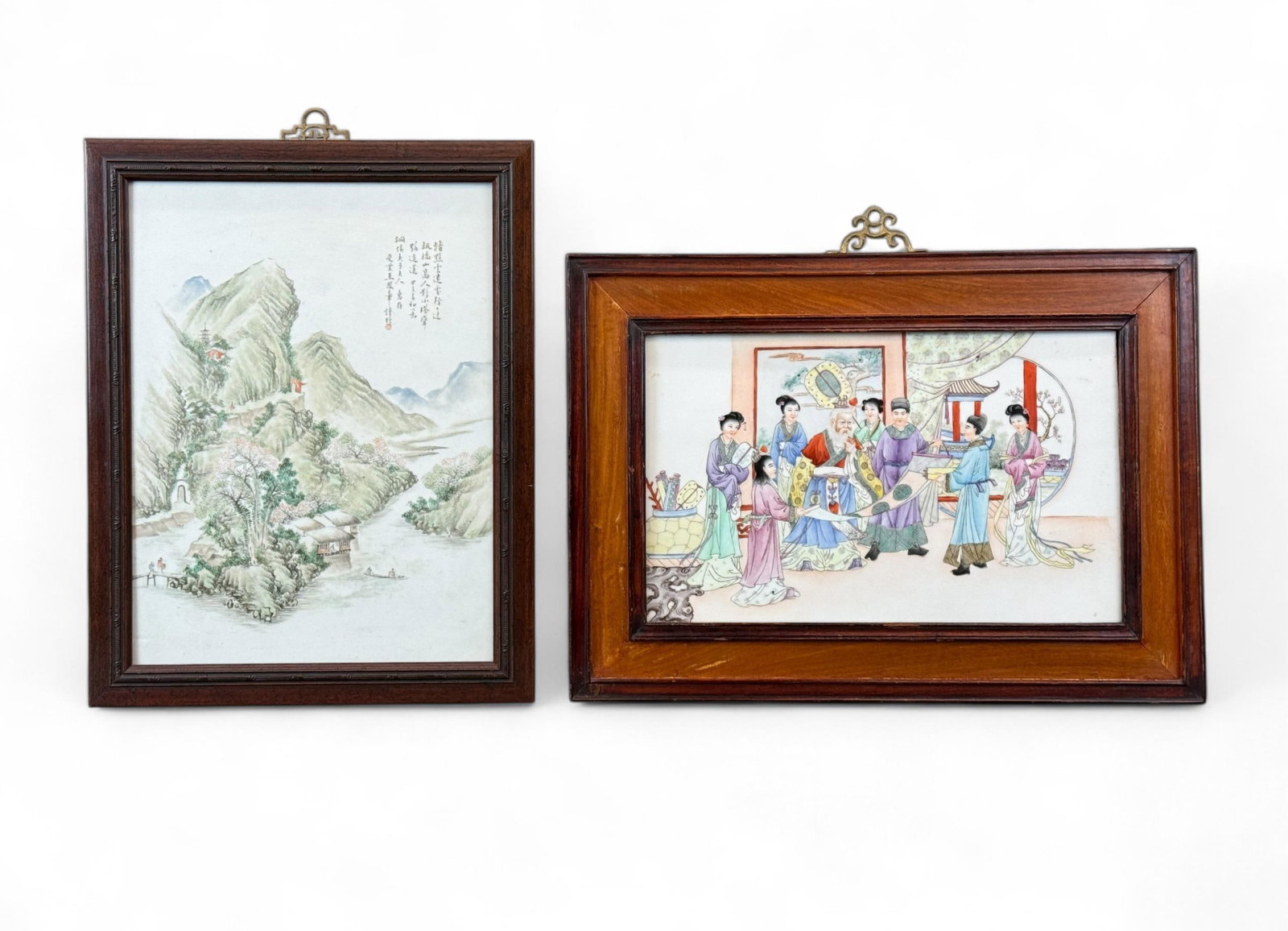 2 Chinese painted tiles, 19th century.: A group of two Chinese painted tiles depicting a landscape and a figural scene. 19th century. One is marked. Smallest: 15 3/4" x 22". Largest: 19 3/4" x 15 3/8". Condition: Abrasions, residue, and dis