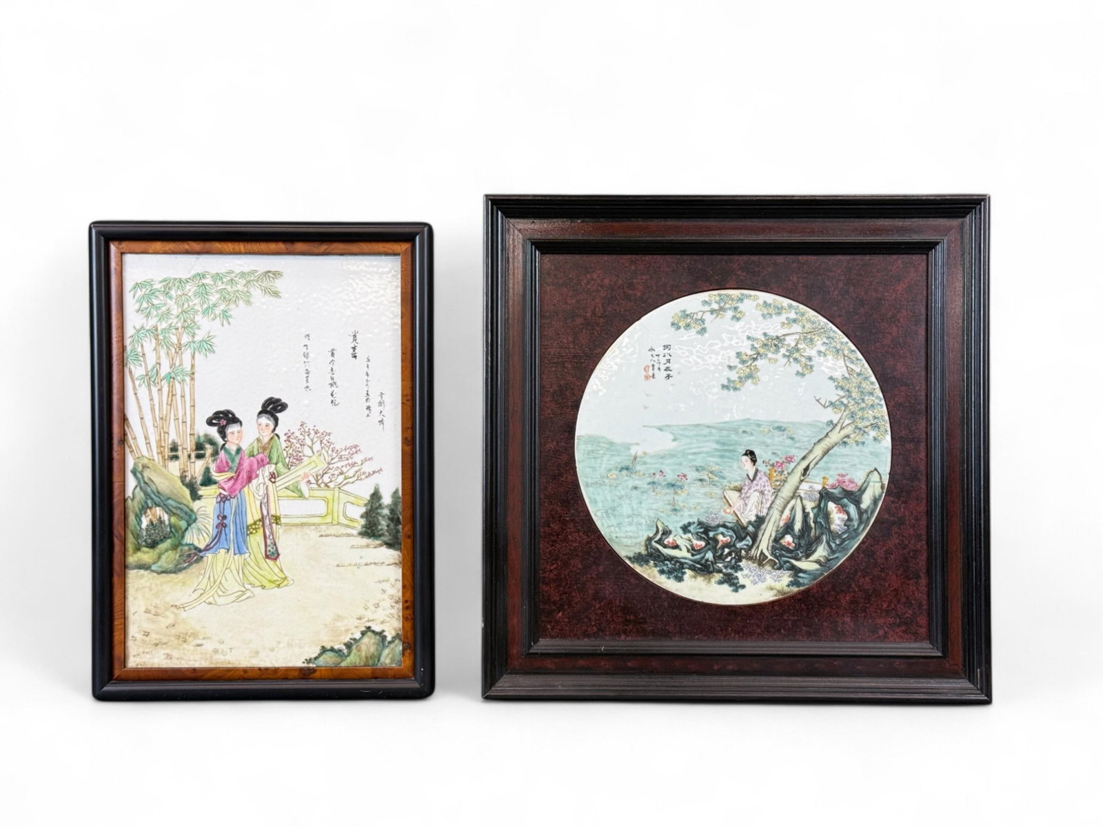 2 Chinese painted tiles, 19th century.: A group of two Chinese painted tiles depicting a female figure seated under a tree and two female figures in a garden. 19th century. Marked. Smallest: 17" x 12". Largest: 18" x 18". Condition: Abrasio