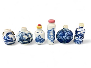 6 Blue and white porcelain snuff bottles.