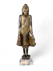 SE Asian gilt and lacquer wood standing Buddha.