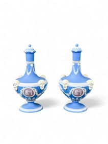 2 Wedgwood tricolor barber bottles, c. 1867.