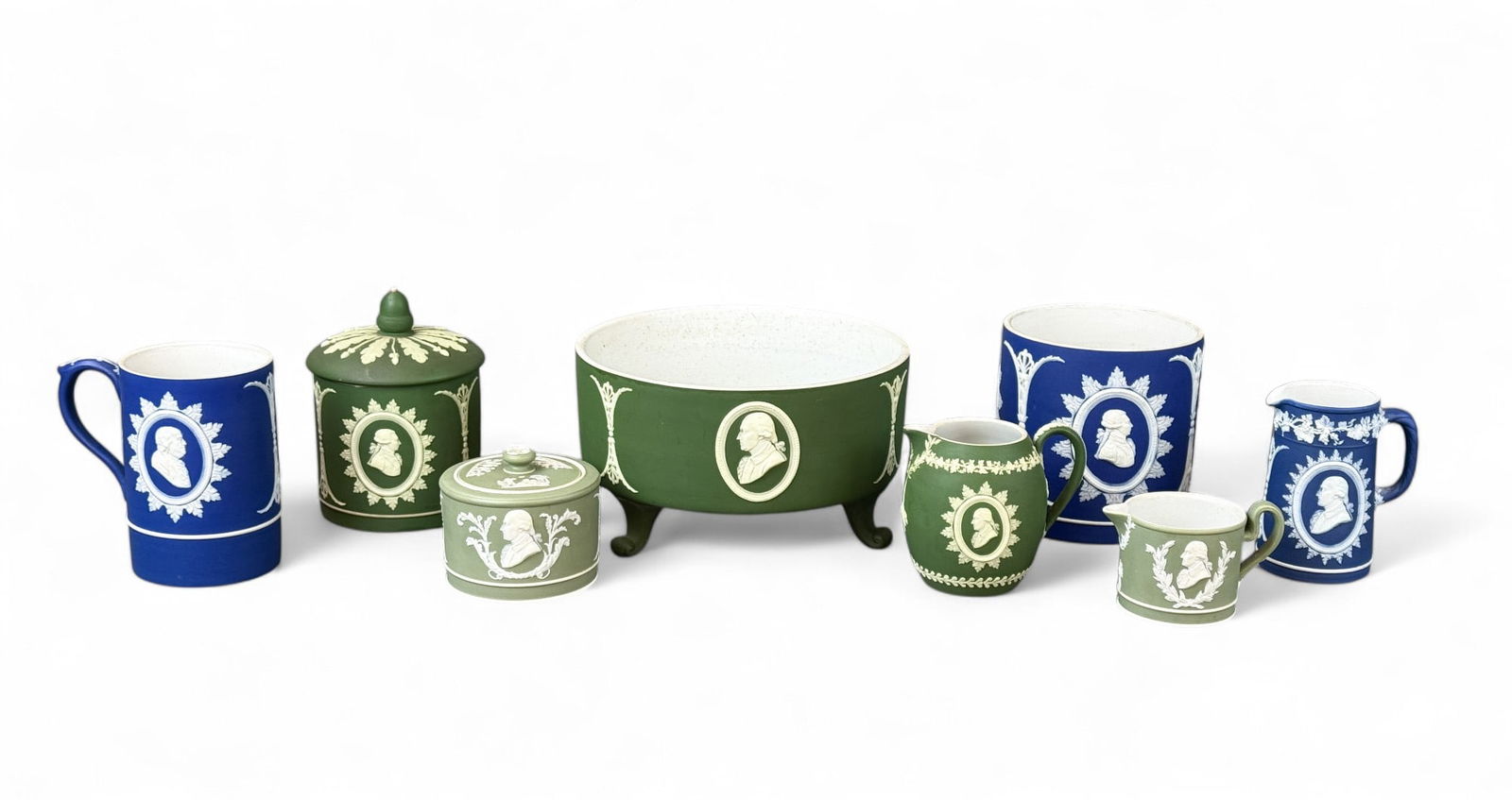 8 Wedgwood Jasperware Founding Father pieces.: A group of eight Wedgwood Jasperware Founding Father pieces. All marked "WEDGWOOD/ ENGLAND." Smallest: 2 3/4" x 4 1/4". Largest: 5" x 8 3/4".