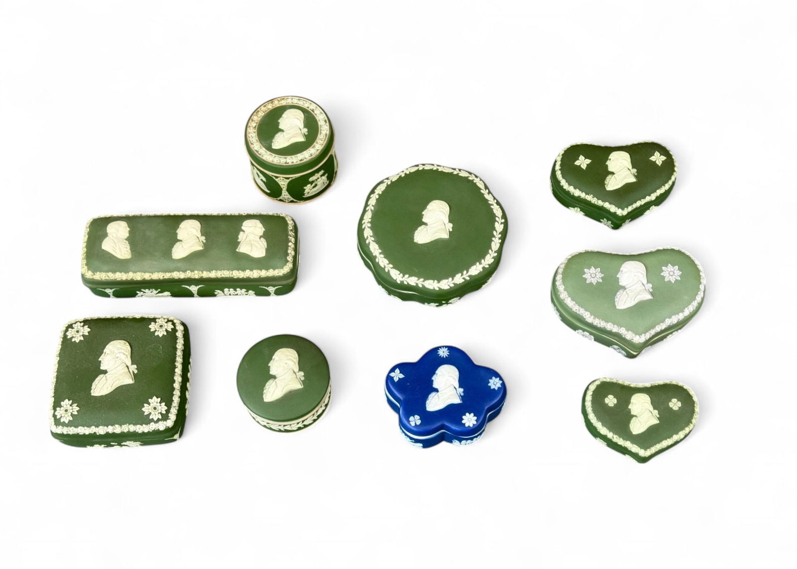 9 Wedgwood Founding Fathers lidded containers: A group of nine Wedgwood Jasperware Founding Fathers lidded containers. Circa 1892-1908. All marked "WEDGWOOD/ ENGLAND." Smallest: 1 3/4" x 3". Largest: 1 1/4" x 5".