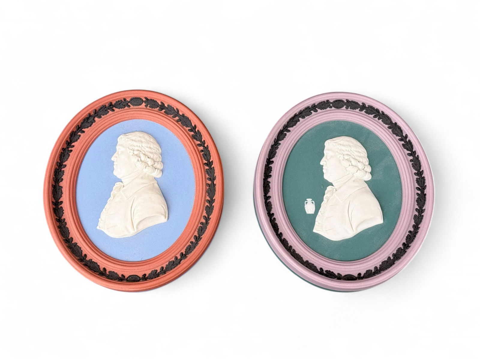 2 Wedgwood LE J. Wedgwood portrait medallions.: A group of two Wedgwood Limited Edition Multicolor Jasperware Josiah Wedgwood portrait medallions. 19/250 and 393/500. 5 1/4" x 4 1/4" x 1/2".