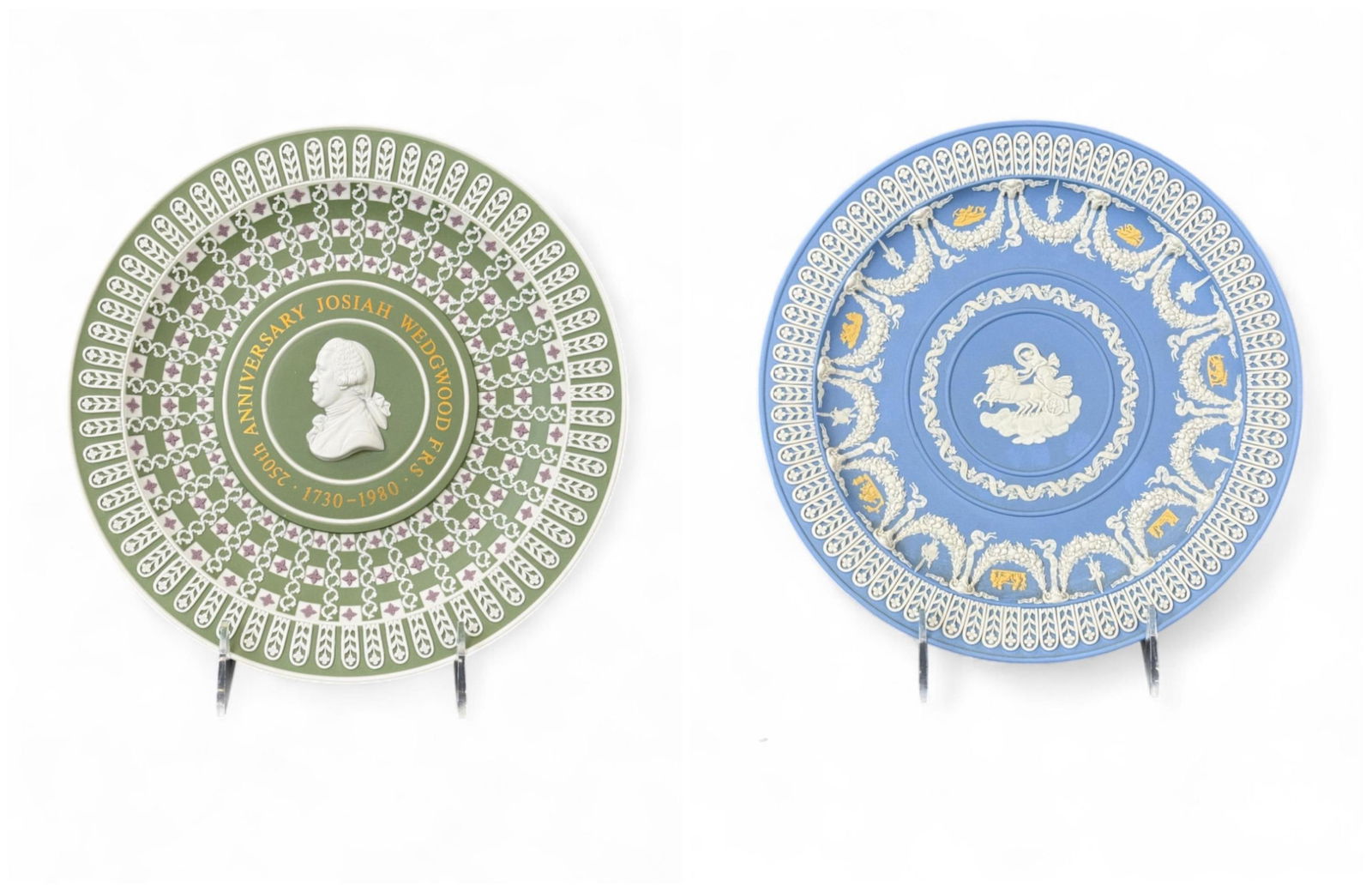 2 Wedgwood LE trophy plates.: A group of two Wedgwood Limited Edition trophy plates. ++ 250th Anniversary of Josiah Wedgwood's birth 103/250. 9". ++ Bicentennial of Jasper tricolor trophy plate. In box with COA. 19/ 250. 9". 11" x