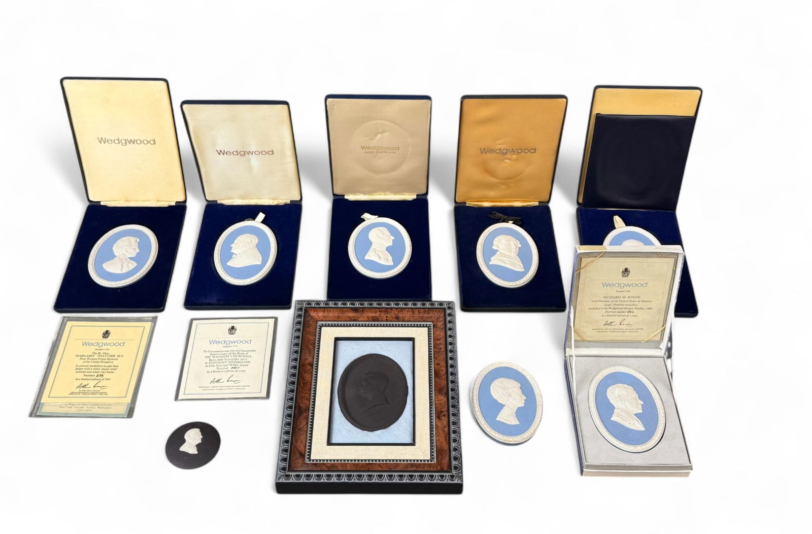 9 Wedgwood LE Jasperware medallions.: A group of nine Wedgwood Limited Edition Jasperware medallions. ++ Six in original cases. ++ Framed H.R.H. King Edward VII. 1074/2000. 9 3/4" x 7 3/4" x 1".