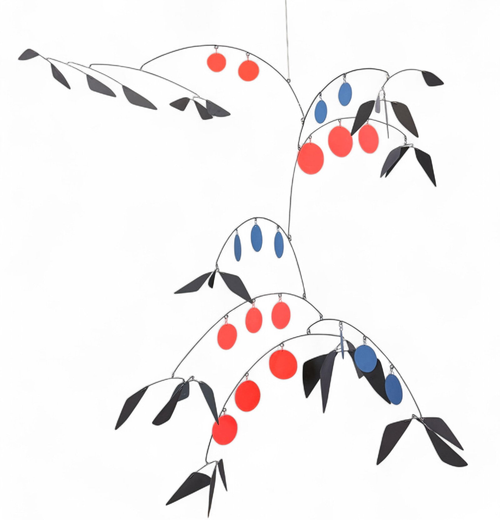 Bauman, "L'Arbe Volant," Mobile, 1977.: Bauman, Arthur (American/Massachusetts, 1931-2019). "L'Arbe Volant" geometric painted aluminum and rustoleum mobile in blacks, reds, and blues. November 1977. 55" x 45". Provenance: Includes purchase 