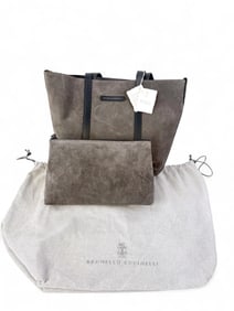 Brunello Cucinelli taupe suede tote.
