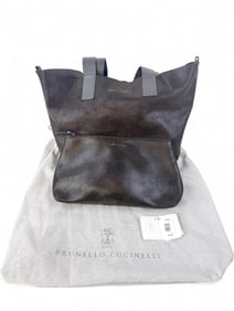Brunello Cucinelli dark brown metallic tote.